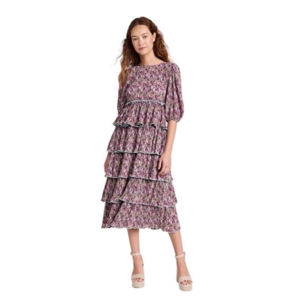 Free the Roses bohemian tiered floral pleated ethereal modest dress size medium